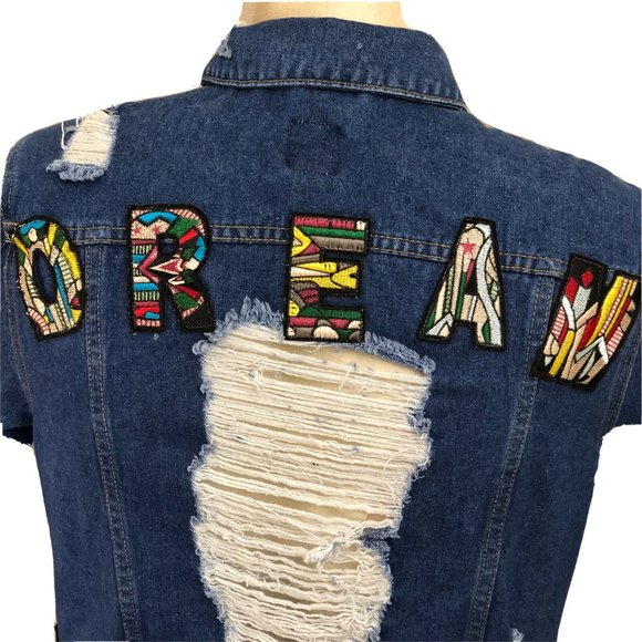 Boom Boom Jeans Jean Jacket Native American Design Blue Denim Size XL Women's - Picture 6 of 11